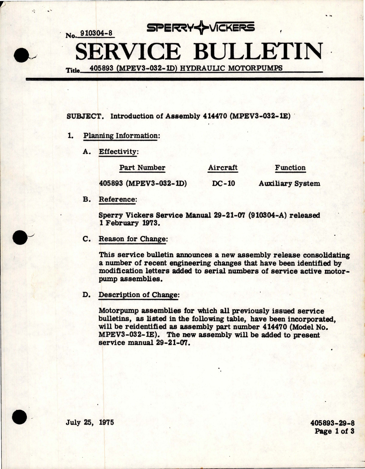 Sample page 1 from AirCorps Library document: Hydraulic Motorpump - Introduction of Assembly 414470 - Model MPEV3-032-1E 