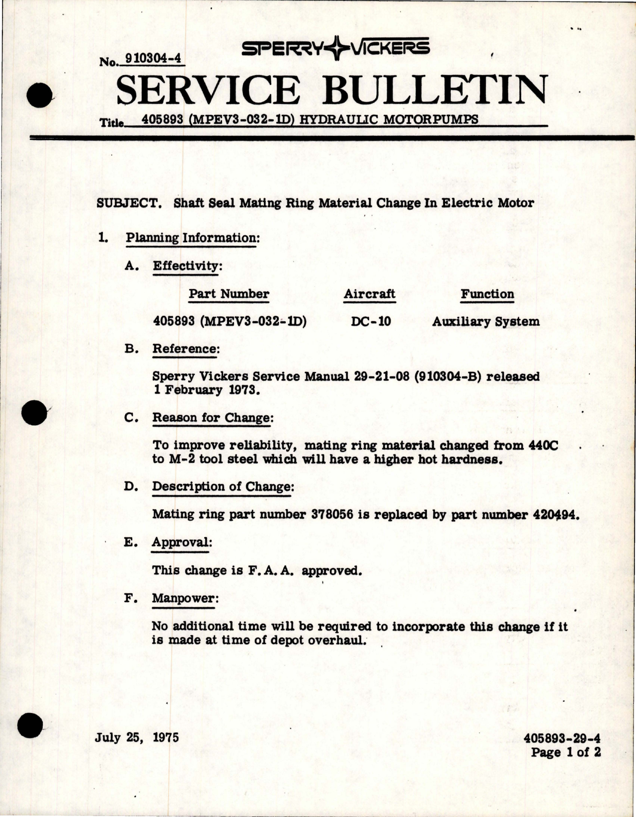 Sample page 1 from AirCorps Library document: Hydraulic Motorpump - Shaft Seal Mating Ring Material Change in Electric Motor - Part 405893 - Model MPEV3-032-1D