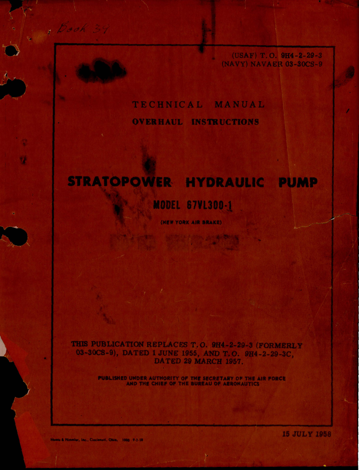 Sample page 1 from AirCorps Library document: Overhaul Instructions for Stratopower Hydraulic Pump - Model 67VL300-1 