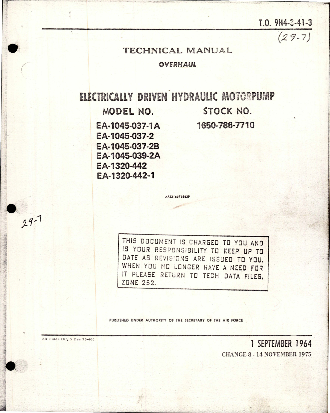 Sample page 1 from AirCorps Library document: Overhaul Instructions for Electrically Driven Hydraulic Motorpump - Change No. 8 