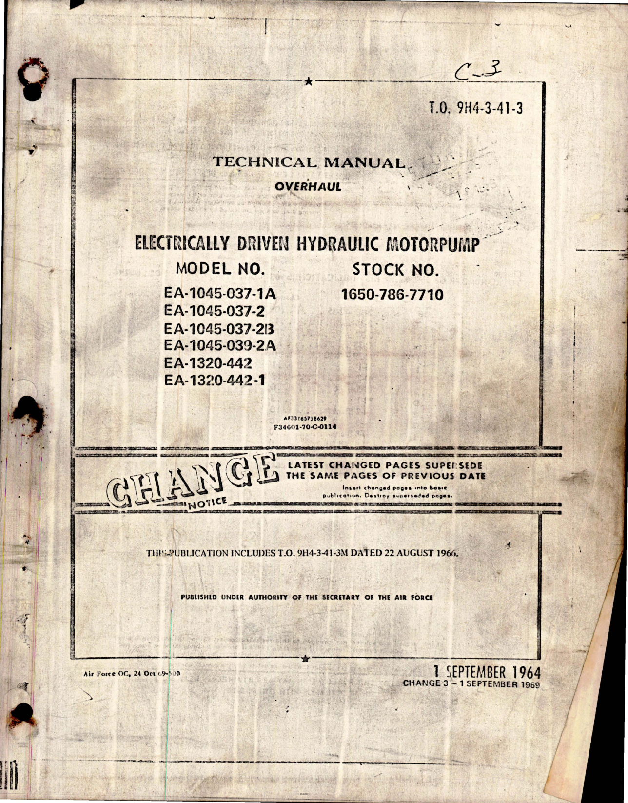 Sample page 1 from AirCorps Library document: Overhaul Instructions for Electrically Driven Hydraulic Motorpump - Change No. 3 