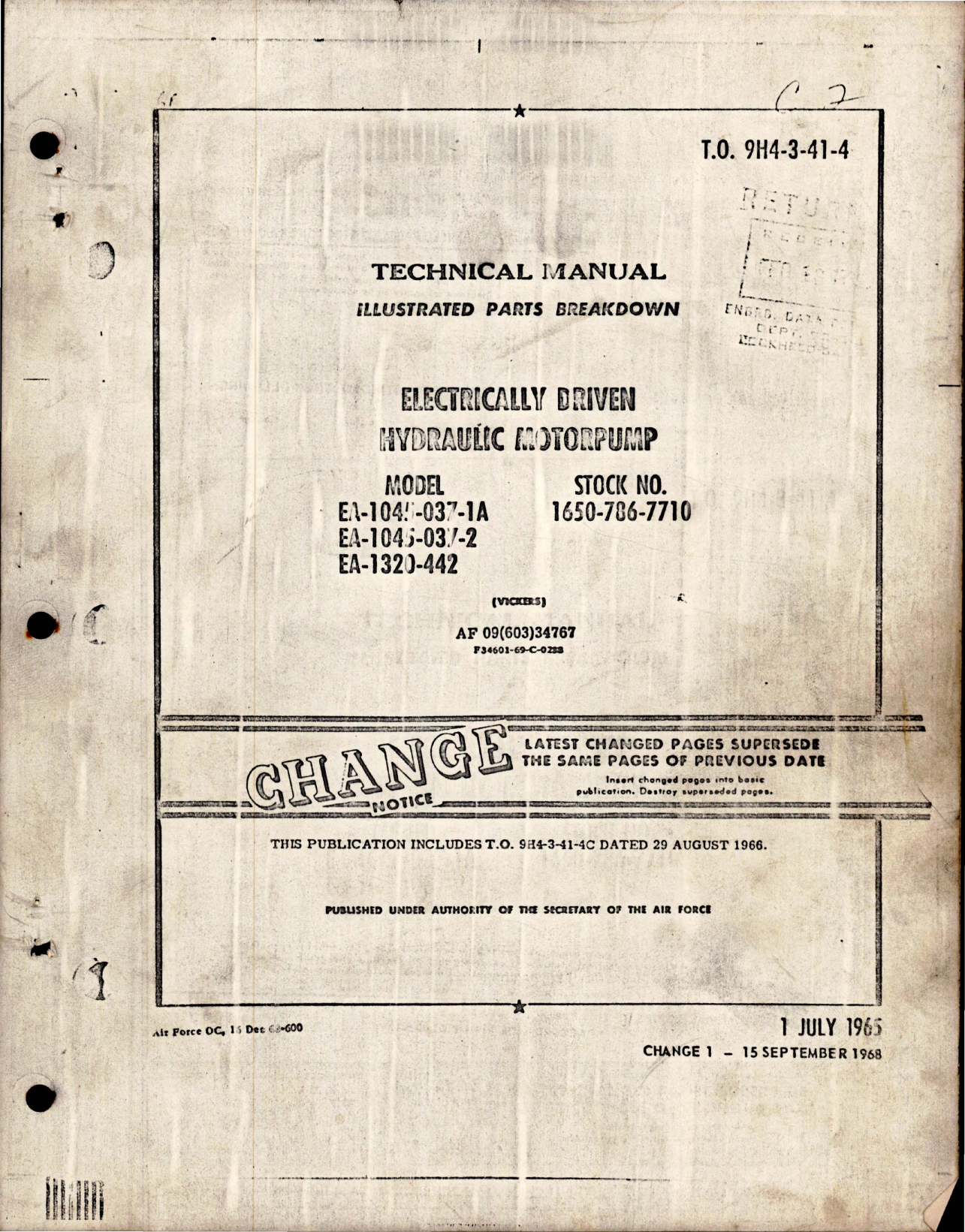 Sample page 1 from AirCorps Library document: Illustrated Parts Breakdown for Electrically Driven Hydraulic Motorpump - Change No. 1