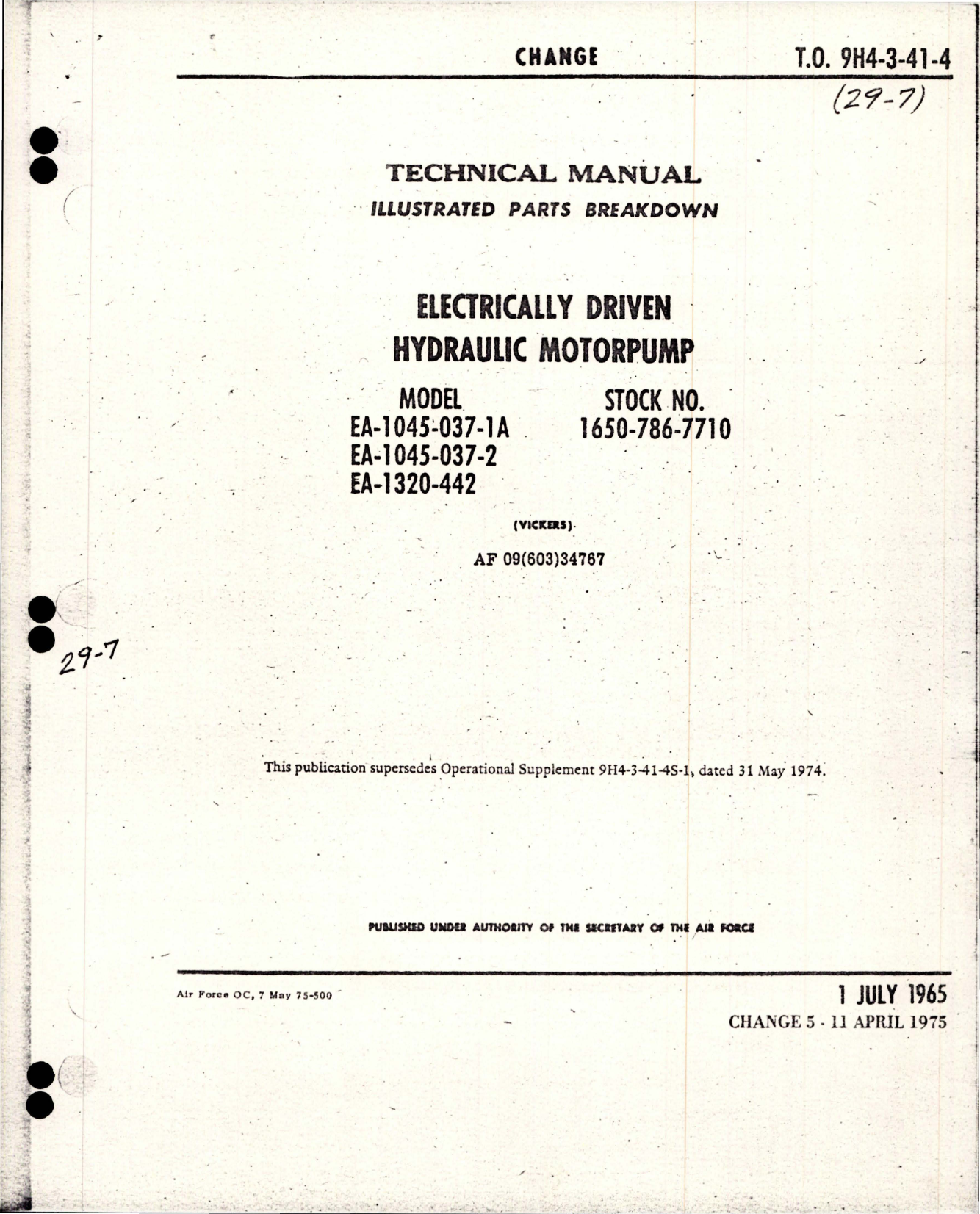 Sample page 1 from AirCorps Library document: Illustrated Parts Breakdown for Electrically Driven Hydraulic Motorpump - Change No. 5