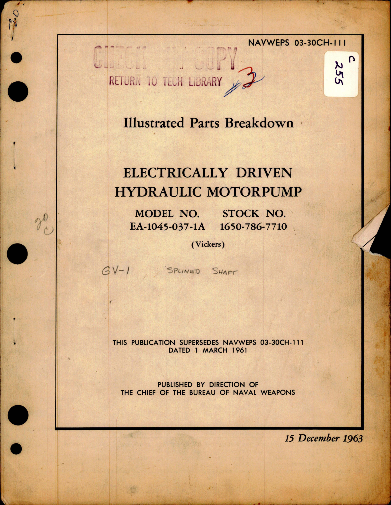 Sample page 1 from AirCorps Library document: Illustrated Parts Breakdown for Electrically Driven Hydraulic Motorpump - Model EA-1045-037-1A 