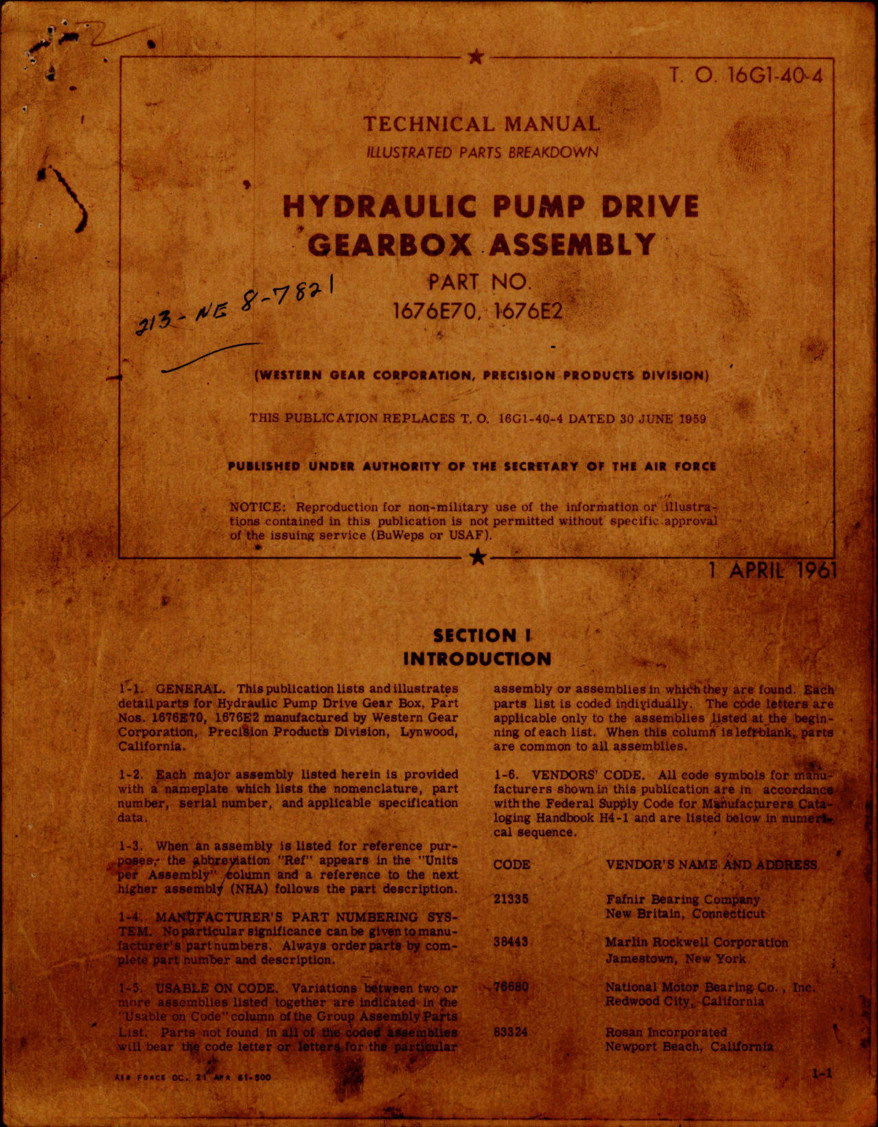Sample page 1 from AirCorps Library document: Illustrated Parts Breakdown for Hydraulic Pump Drive Gearbox Assembly - Part 1676E70 and 1676E2 