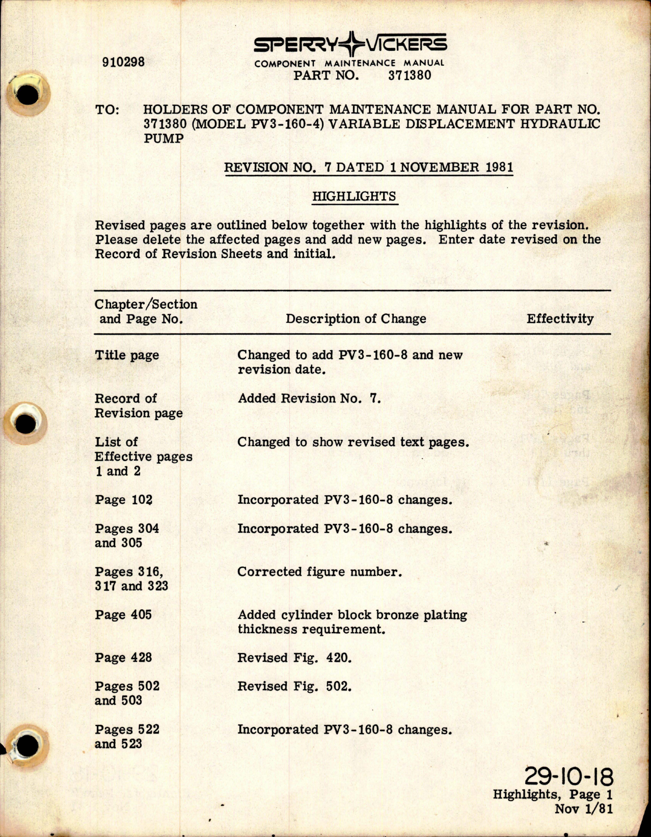 Sample page 1 from AirCorps Library document: Maintenance Manual with Illustrated Parts List for Variable Displacement Hydraulic Pump - Part 371380 - Revision No. 7