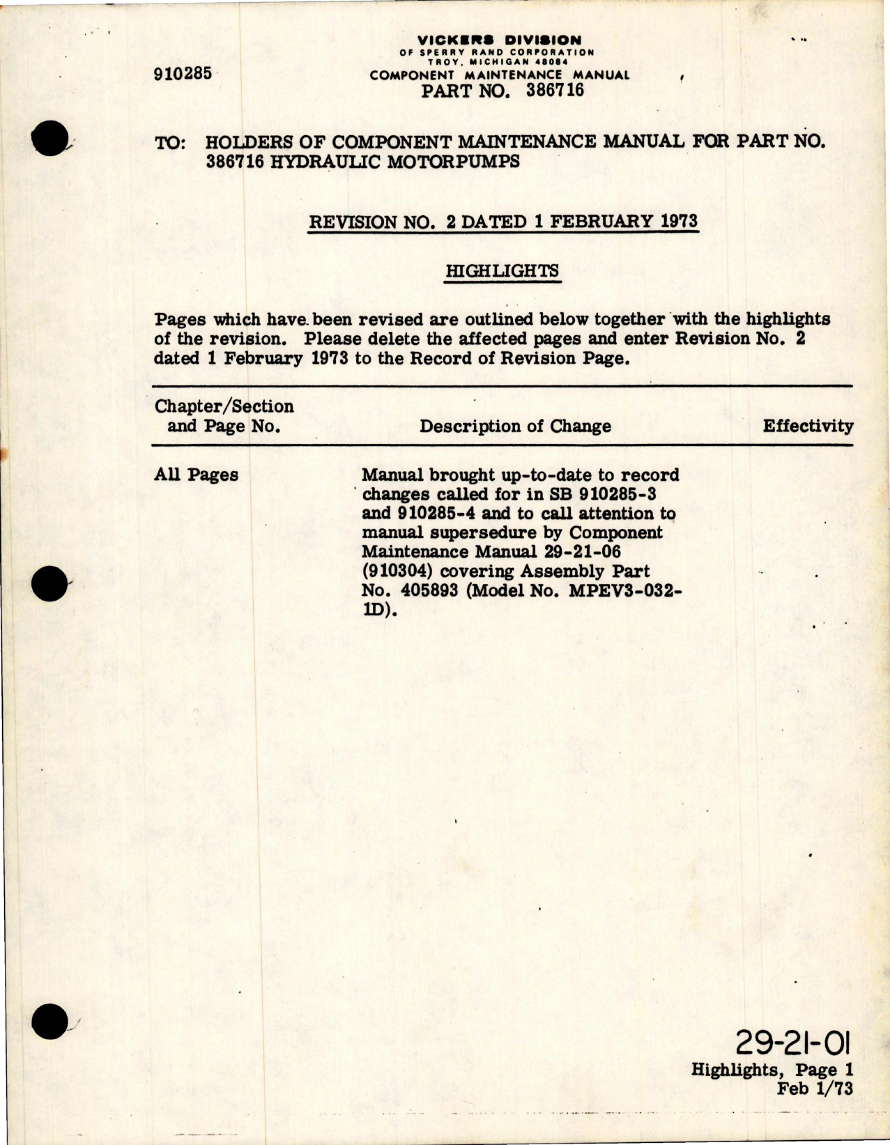 Sample page 1 from AirCorps Library document: Component Maintenance Manual for Hydraulic Motorpumps - Part 386716 - Revision No. 2 