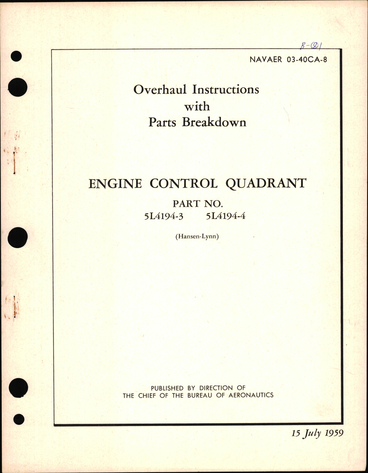 Sample page 1 from AirCorps Library document: Overhaul Instructions with Parts Breakdown for Engine Control Quadrant PN 5L4194