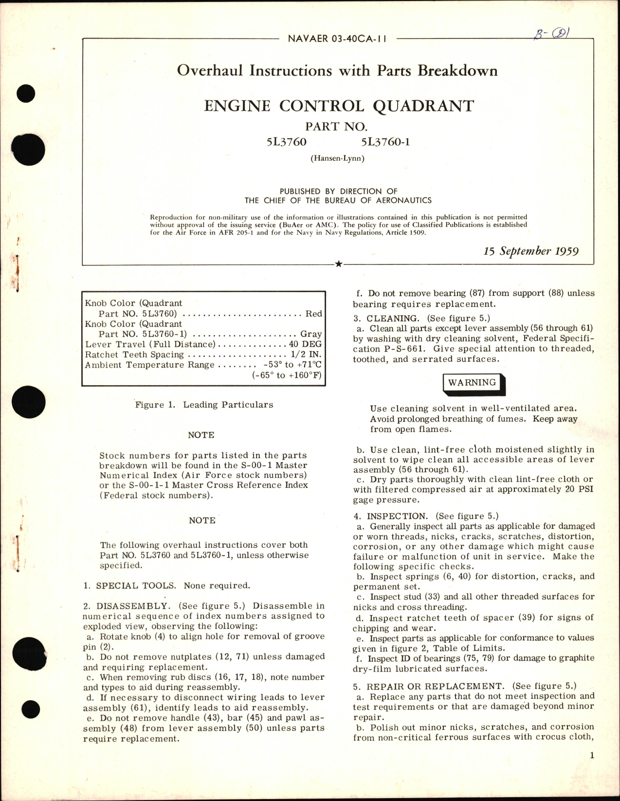 Sample page 1 from AirCorps Library document: Overhaul Instructions with Parts Breakdown for Engine Control Quadrant PN 5L3760
