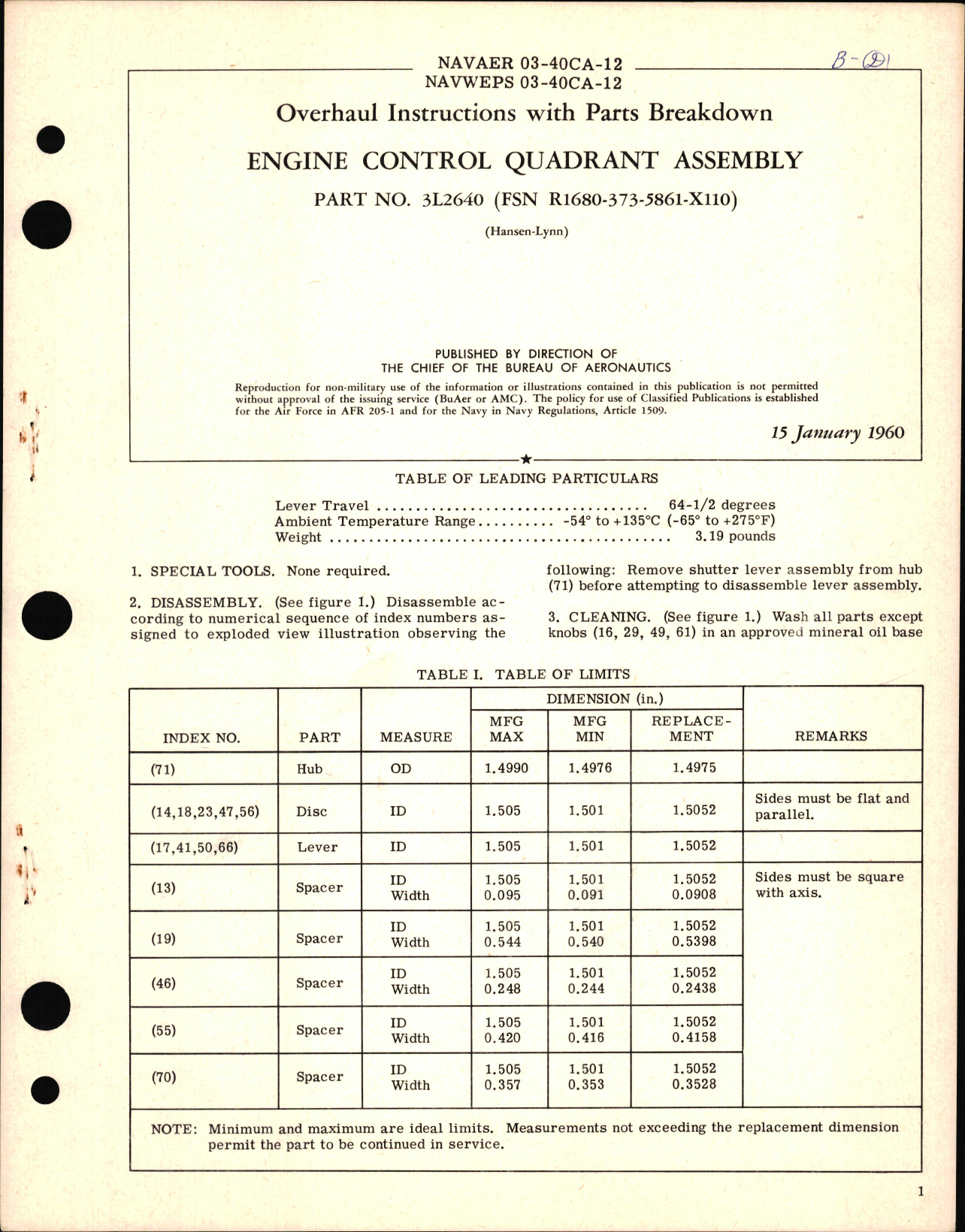 Sample page 1 from AirCorps Library document: Overhaul Instructions with Parts Breakdown for Engine Control Quadrant Assembly PN 3L2640
