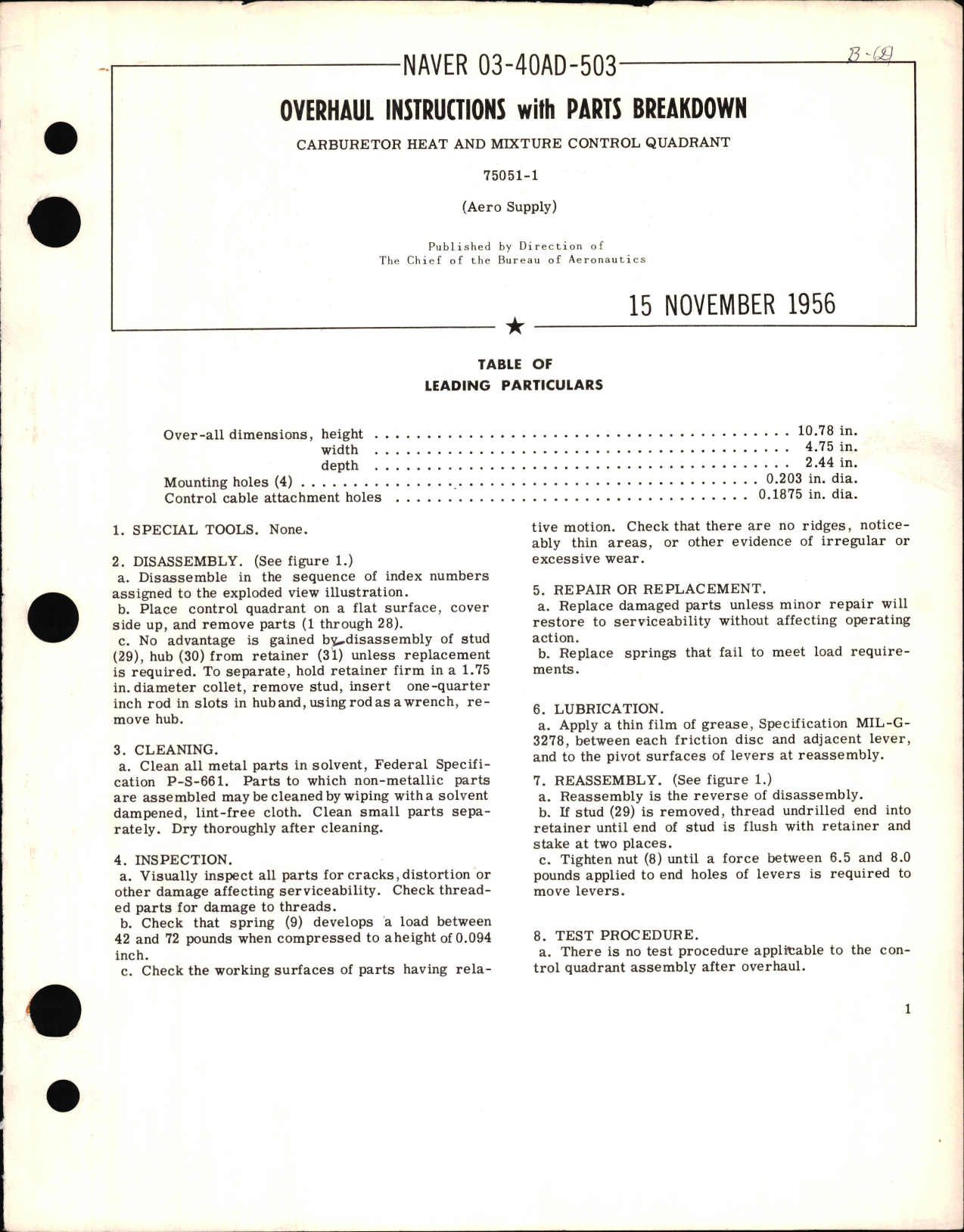 Sample page 1 from AirCorps Library document: Overhaul Instructions with Parts Breakdown for Carburetor Heat and Mixture Control Quadrant PN 75051-1