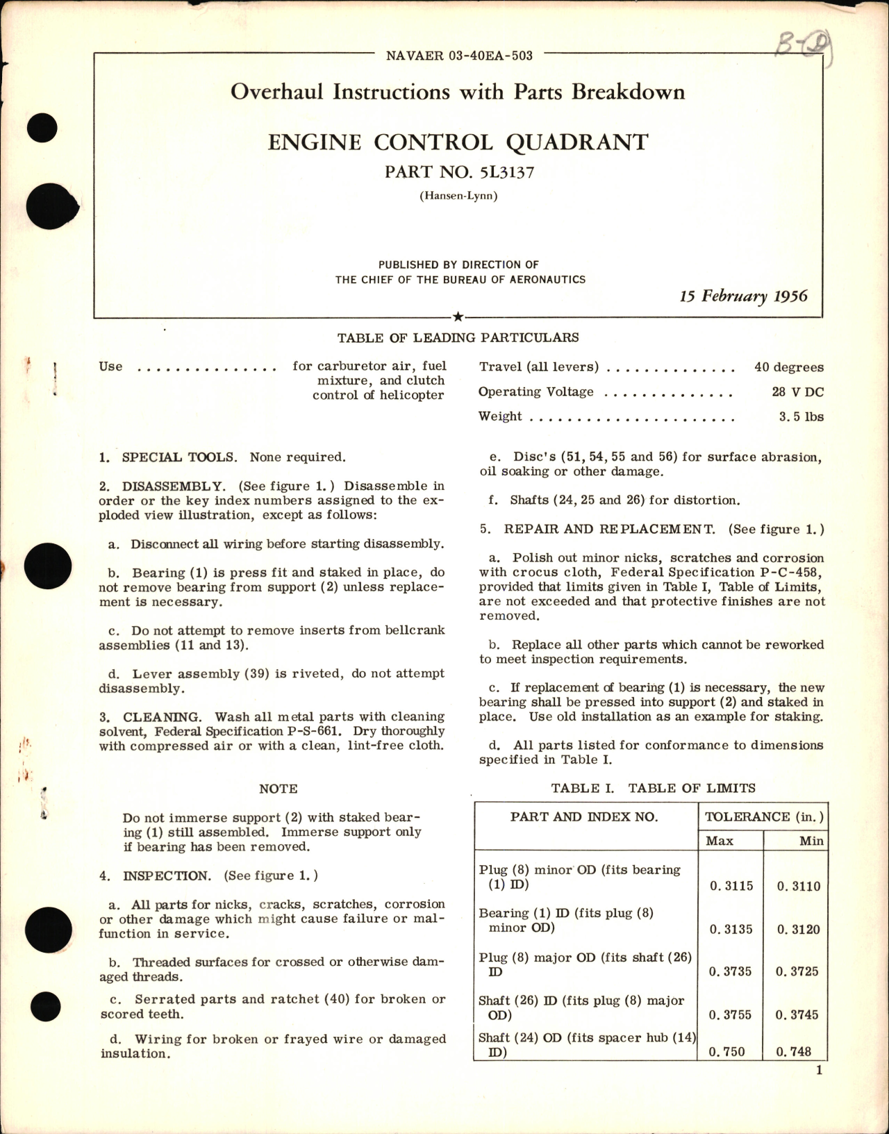 Sample page 1 from AirCorps Library document: Overhaul Instructions with Parts Breakdown for Engine Control Quadrant PN 5L3137