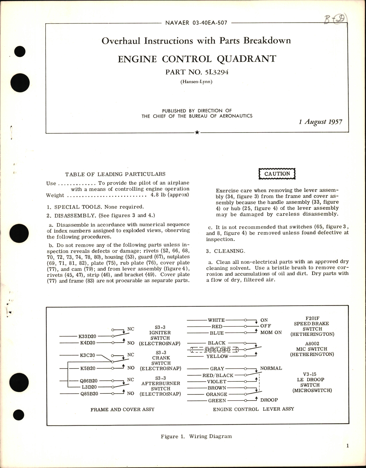 Sample page 1 from AirCorps Library document: Overhaul Instructions with Parts Breakdown for Engine Control Quadrant PN 5L3294