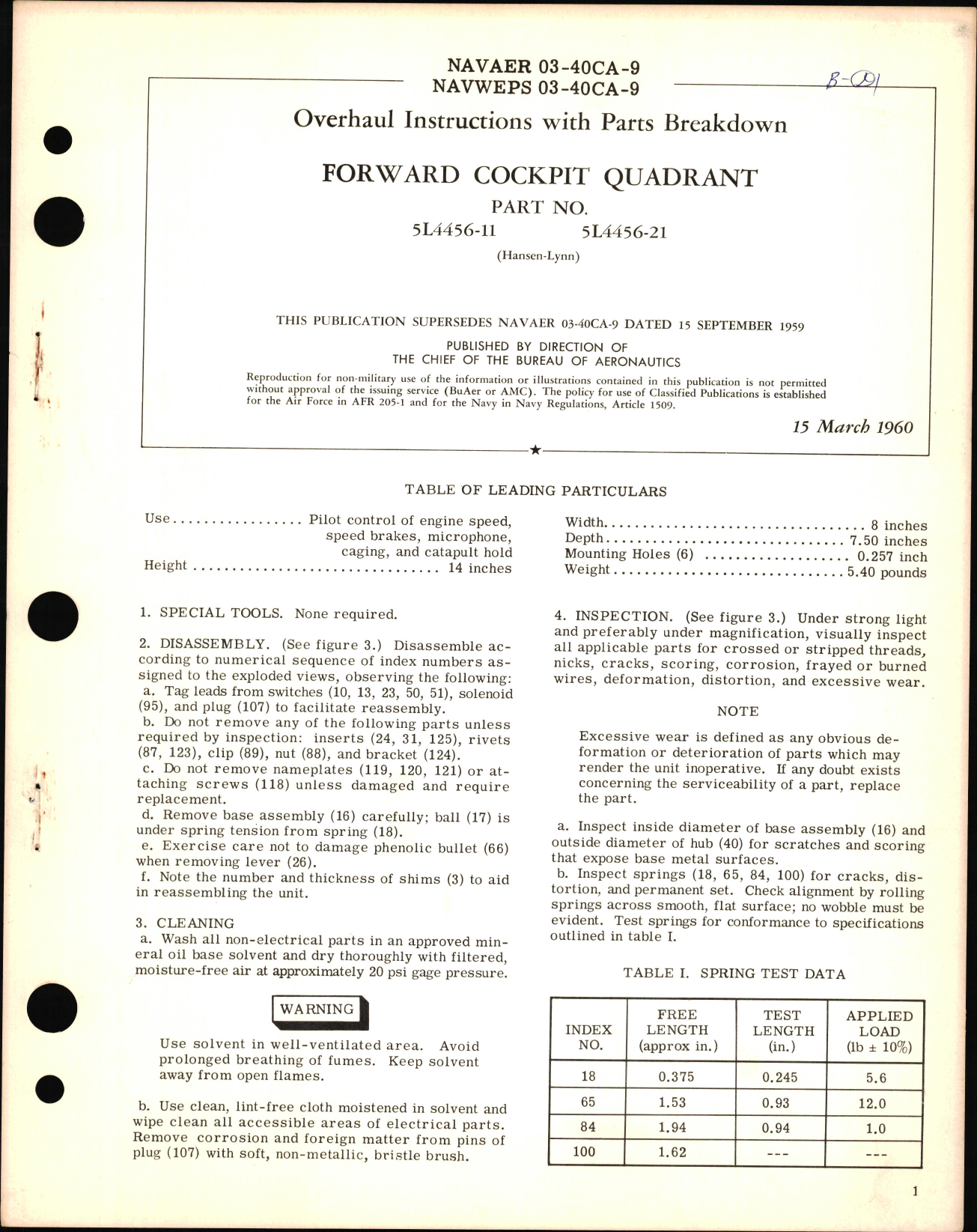Sample page 1 from AirCorps Library document: Overhaul Instructions with Parts Breakdown for Forward Cockpit Quadrant PN 5L4456