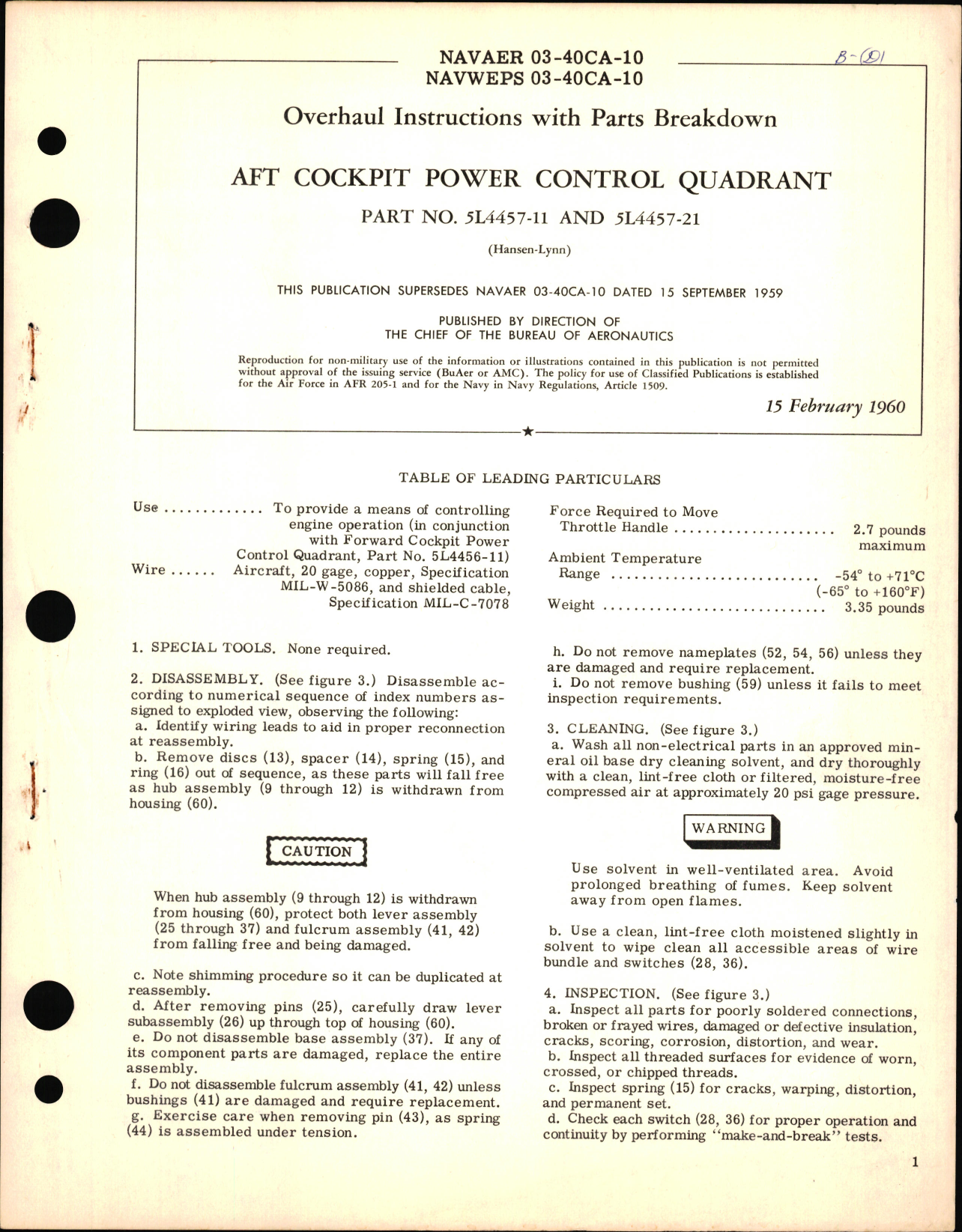 Sample page 1 from AirCorps Library document: Overhaul Instructions with Parts Breakdown for Aft Cockpit Power Control Quadrant PN 5L4457
