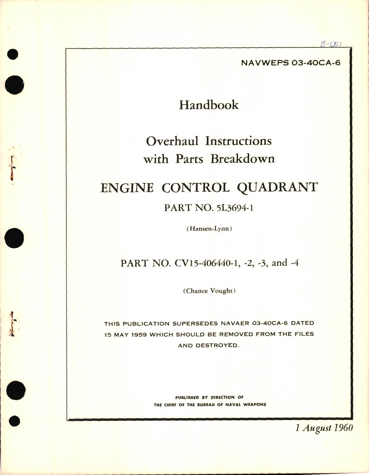 Sample page 1 from AirCorps Library document: Overhaul Instructions with Parts Breakdown for Engine Control Quadrant