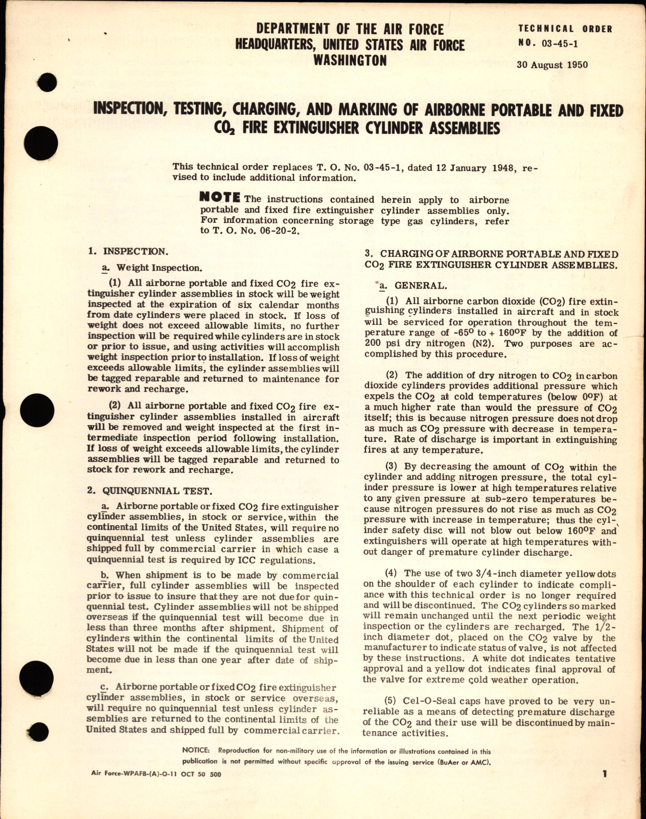 Sample page 1 from AirCorps Library document: Inspection, Testing, Charging, and Marking of Airborne Portable and Fixed CO2 Fire Extinguisher Cylinder Assemblies