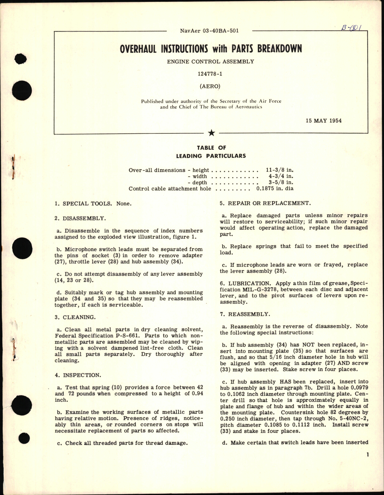 Sample page 1 from AirCorps Library document: Overhaul Instructions with Parts Breakdown for Engine Control Assembly PN 124778-1