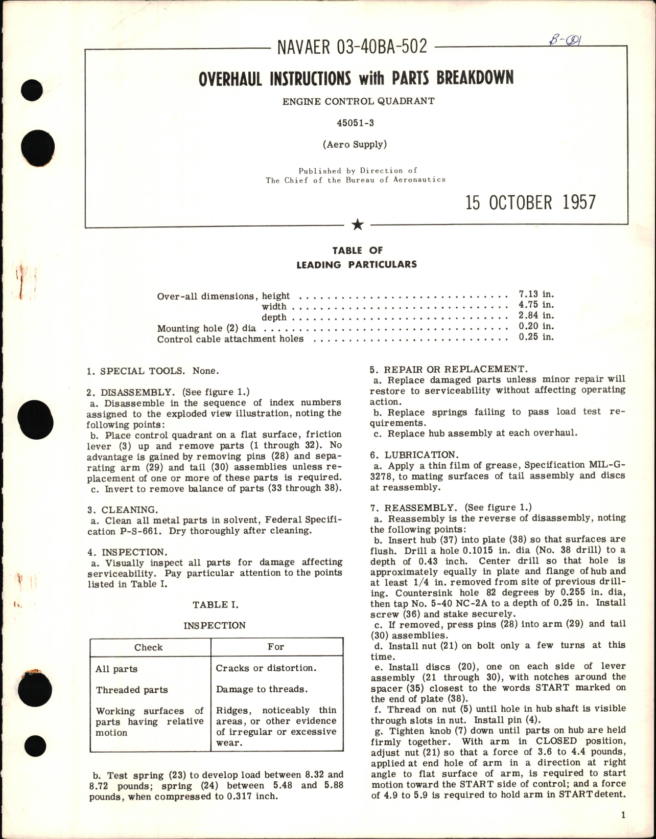 Sample page 1 from AirCorps Library document: Overhaul Instructions with Parts Breakdown for Engine Control Quadrant PN 45051-3