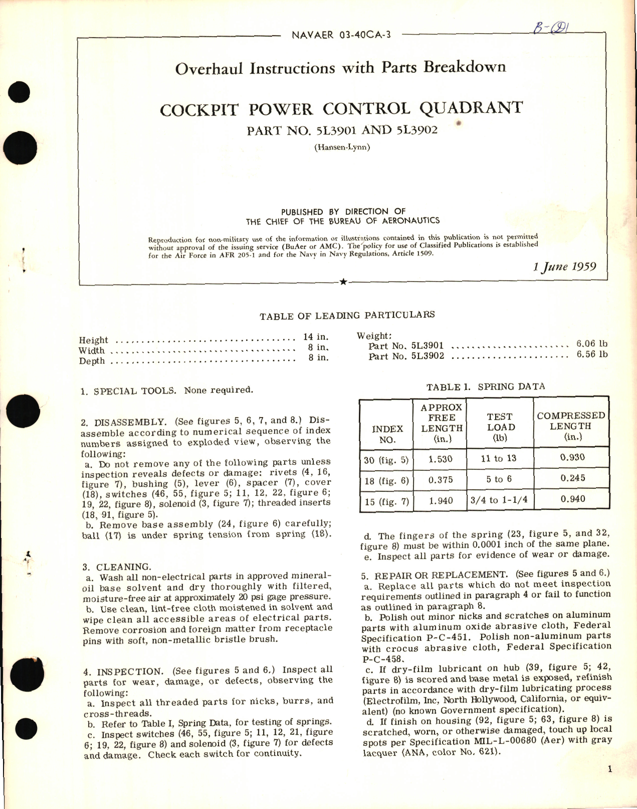Sample page 1 from AirCorps Library document: Overhaul Instructions with Parts Breakdown for Cockpit Power Control Quadrant PN 5L3901 and 5L3902