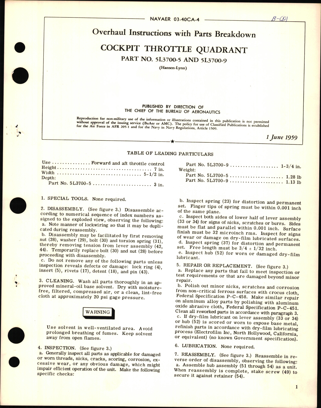 Sample page 1 from AirCorps Library document: Overhaul Instructions with Parts Breakdown for Cockpit Throttle Quadrant PN 5L3700