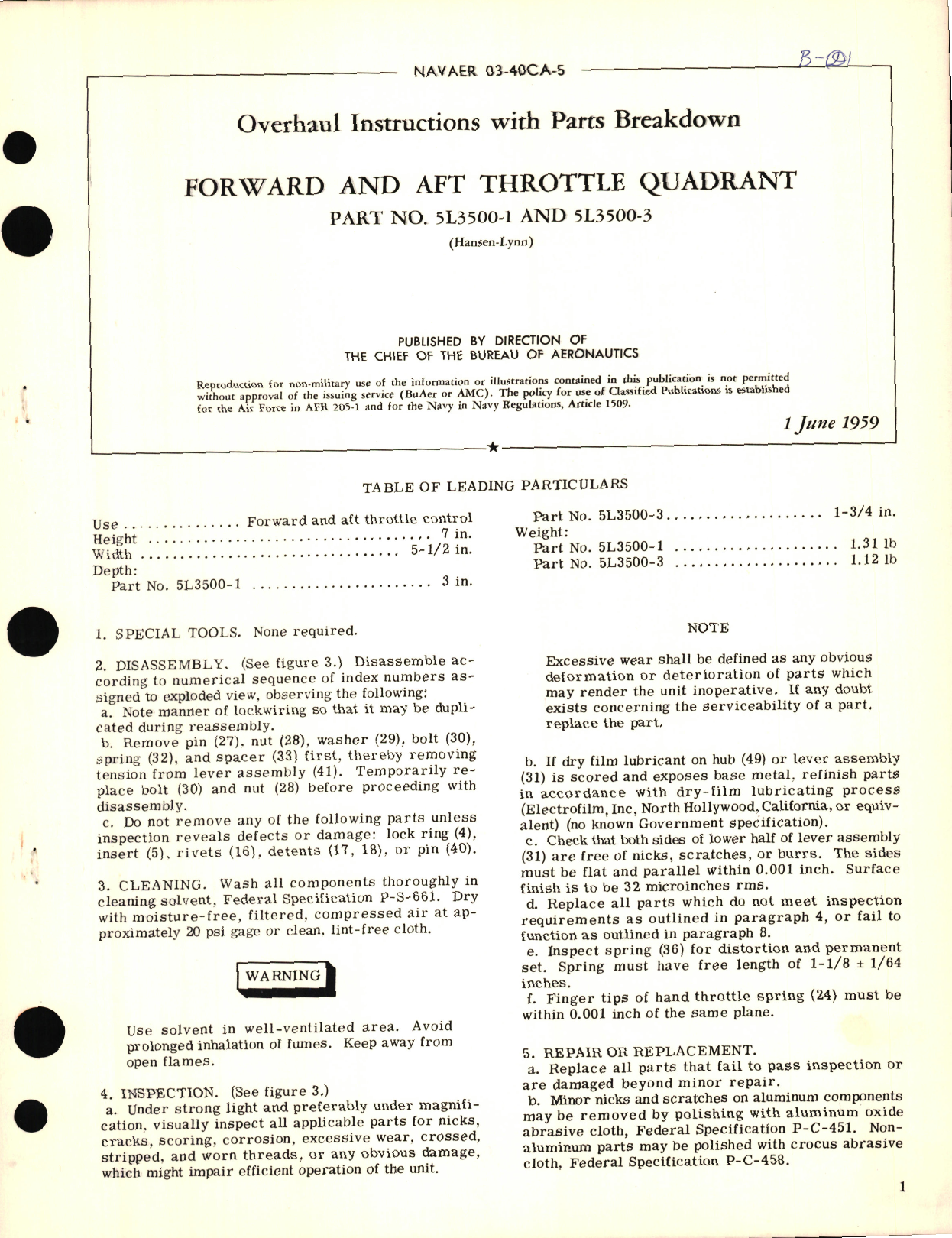 Sample page 1 from AirCorps Library document: Overhaul Instructions with Parts Breakdown for Forward and Aft Throttle Quadrant PN 5L3500