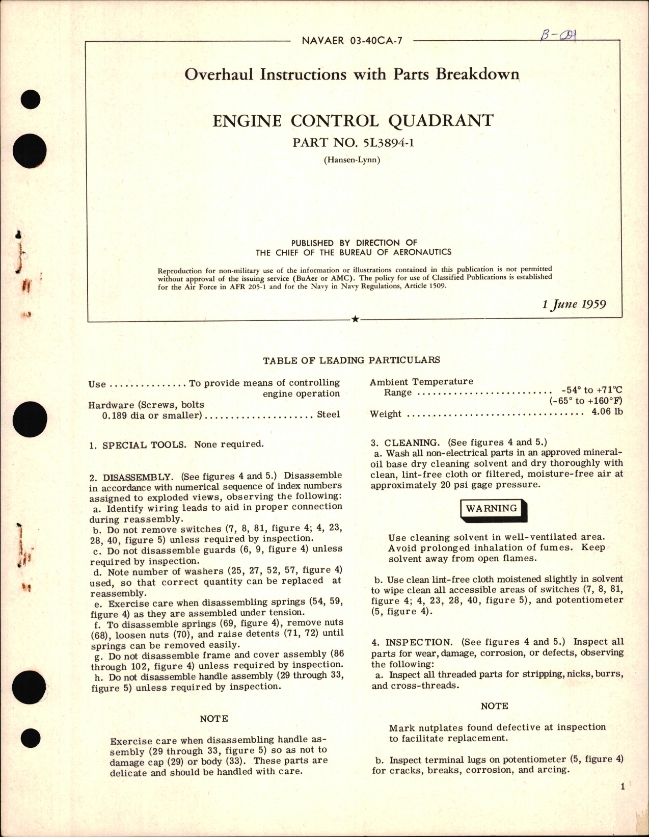 Sample page 1 from AirCorps Library document: Overhaul Instructions with Parts Breakdown for Engine Control Quadrant 
