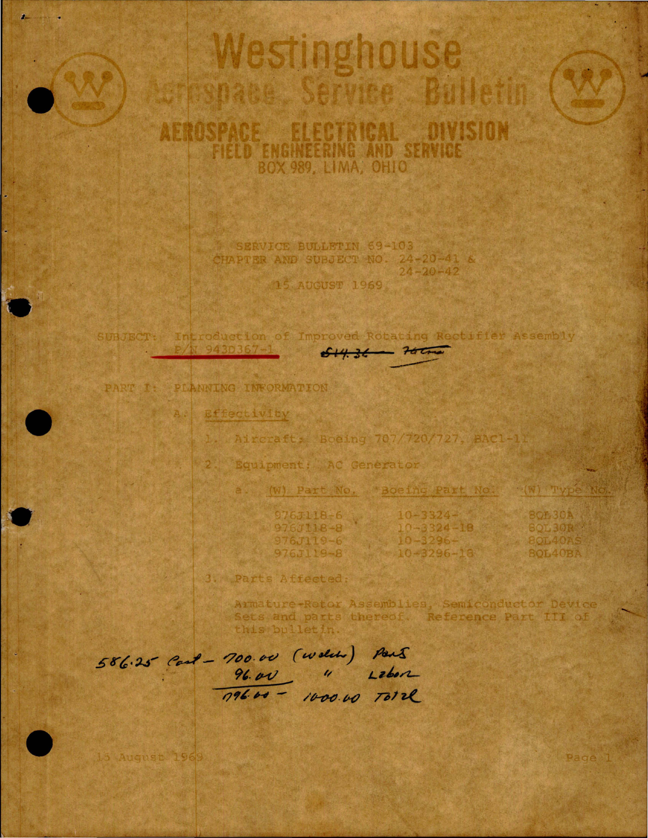 Sample page 1 from AirCorps Library document: Introduction of Improved Rotating Rectifier Assembly - Part 943D367-1 