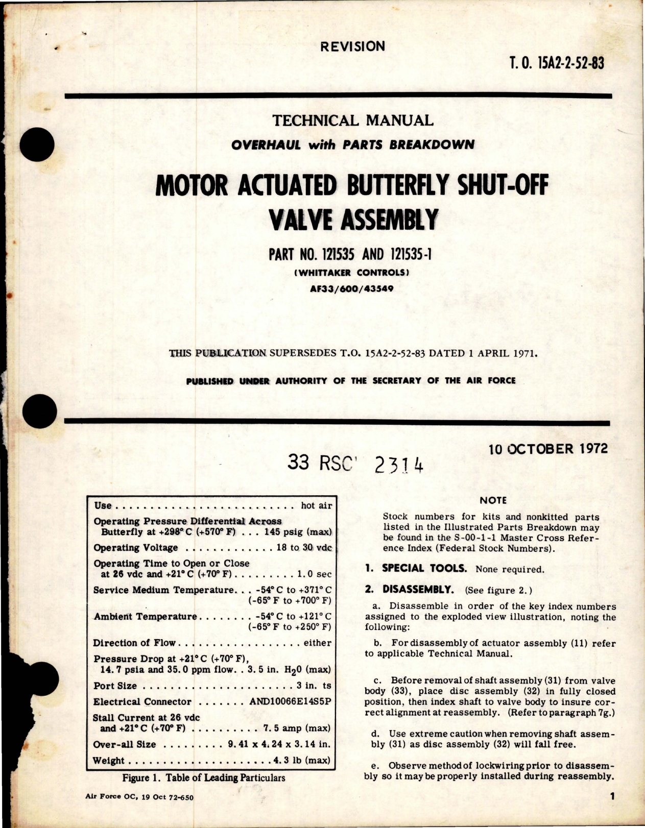Sample page 1 from AirCorps Library document: Overhaul with Parts Breakdown for Motor Actuated Butterfly Shut-Off Valve Assembly - Parts 121535 and 121535-1 