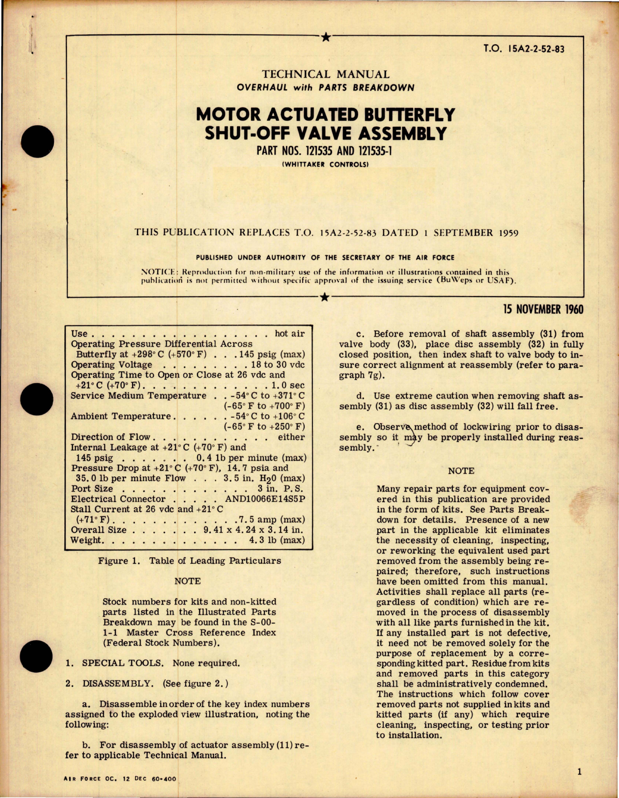 Sample page 1 from AirCorps Library document: Overhaul with Parts Breakdown for Motor Actuated Butterfly Shut-Off Valve Assembly - Parts 121535 and 121535-1 