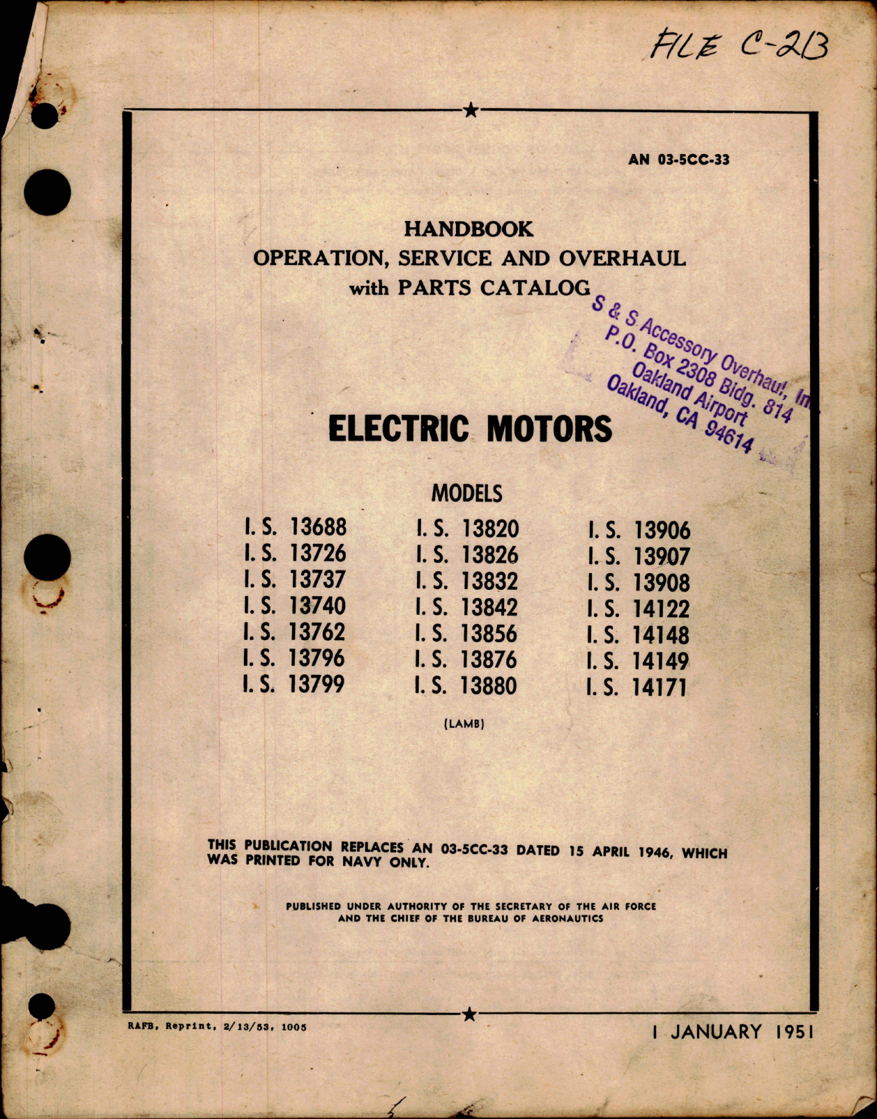 Sample page 1 from AirCorps Library document: Operation, Service, and Overhaul with Parts Catalog for Electric Motors 