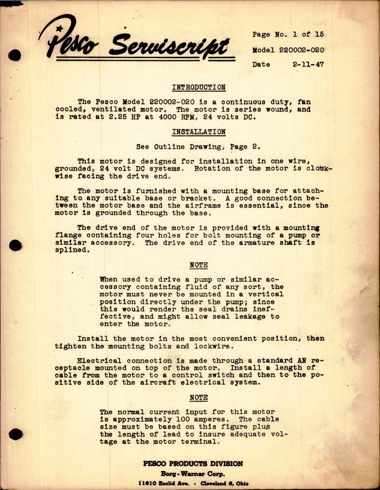 Sample page 1 from AirCorps Library document: Installation Manual for Fan Cooled Ventilated Motor - Model 220002-020 