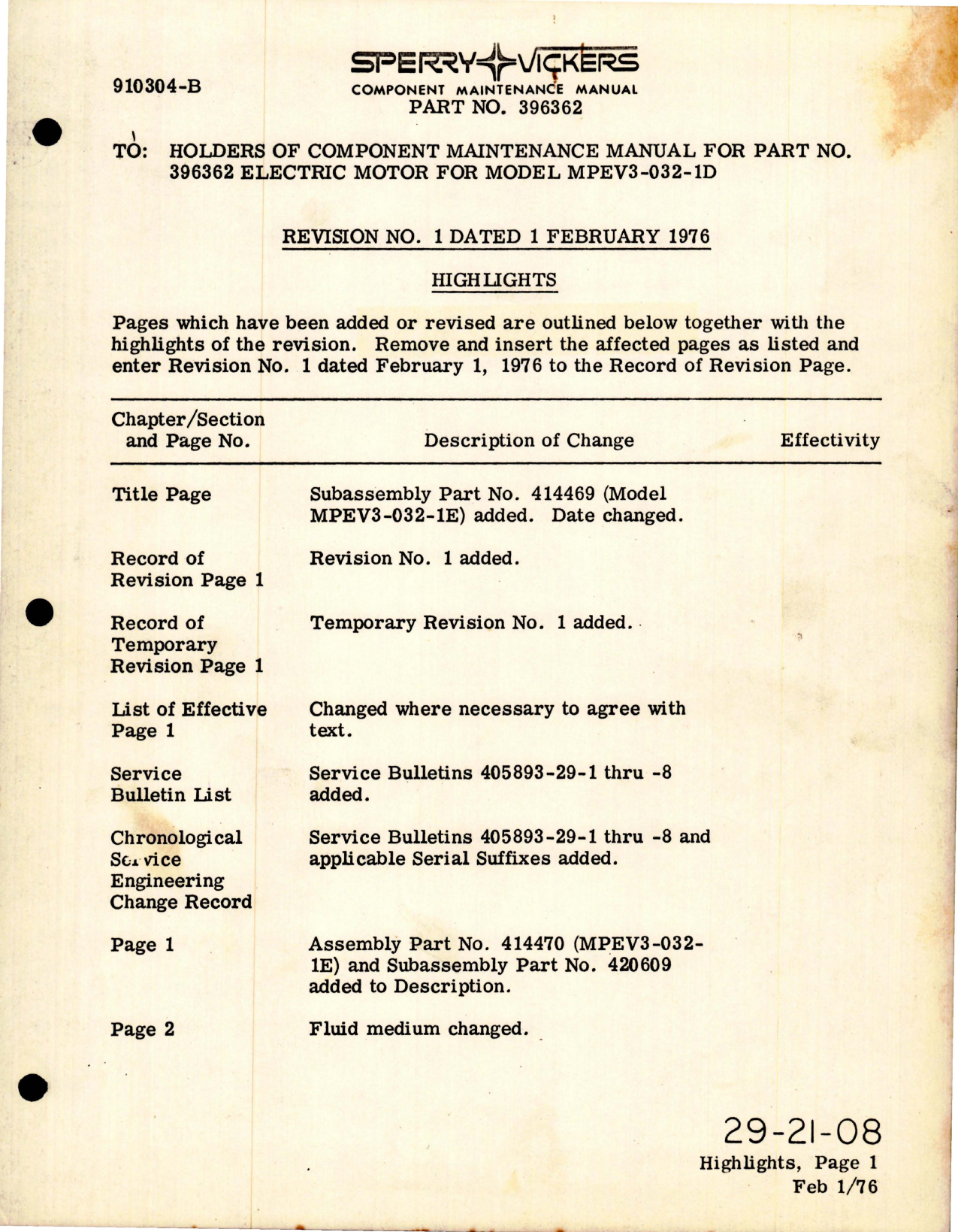Sample page 1 from AirCorps Library document: Component Maintenance Manual for Electric Motor - Part 396362 - Model MPEV3-032-1D - Revision No. 1  