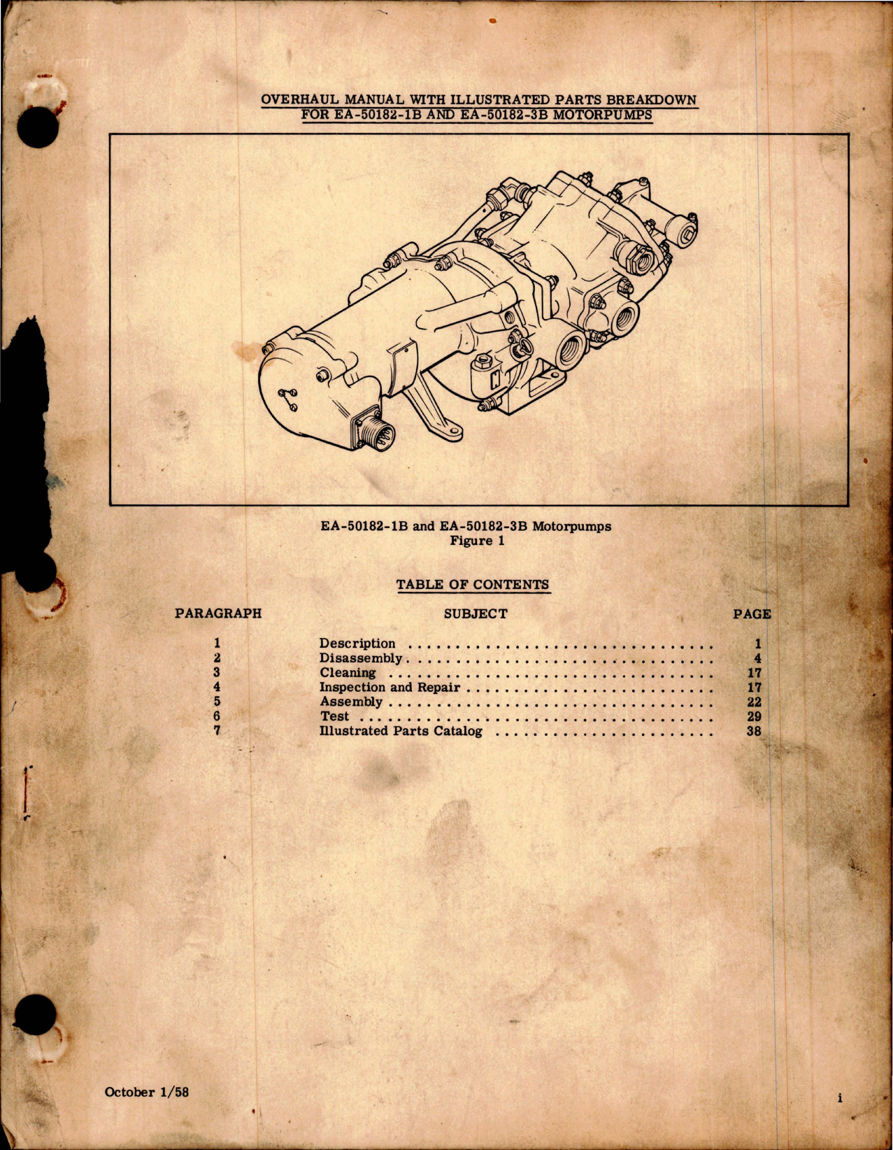 Sample page 1 from AirCorps Library document: Overhaul Manual with Parts Breakdown for AC Electric Driven Hydraulic Motorpumps - EA-50182-1B and EA-50182-3B