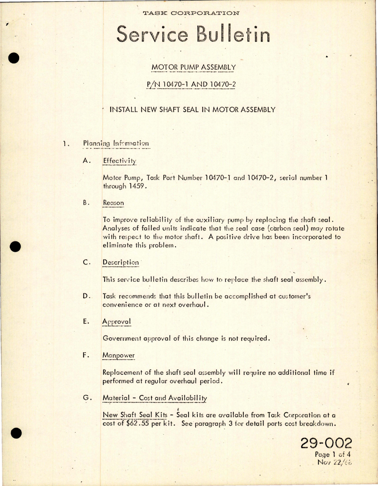 Sample page 1 from AirCorps Library document: Motor Pump Assembly - Install New Shaft Seal - Parts 10470-1 and 10470-2