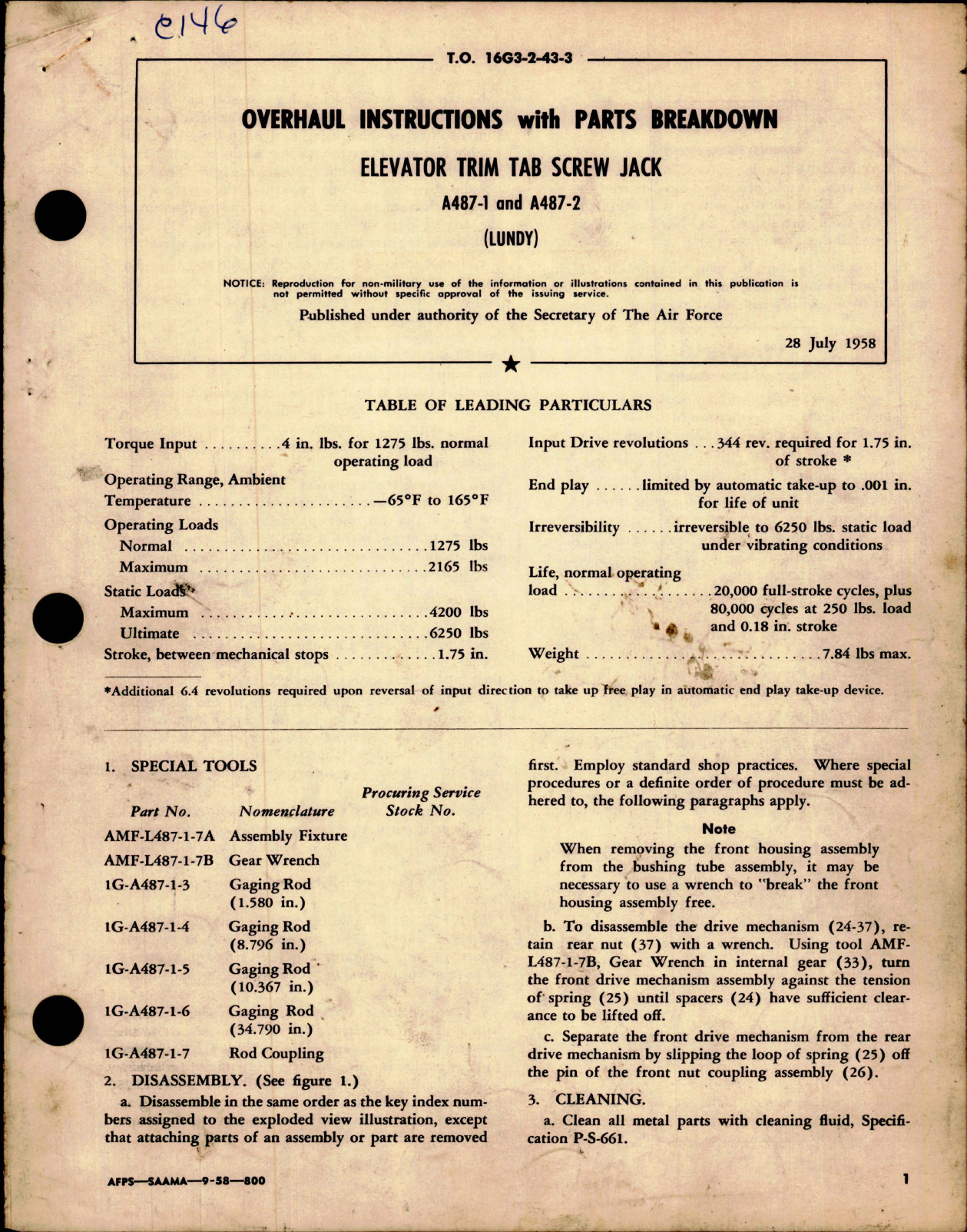 Sample page 1 from AirCorps Library document: Overhaul Instructions with Parts for Elevator Trim Tab Screw Jack - A487-1 and A487-2