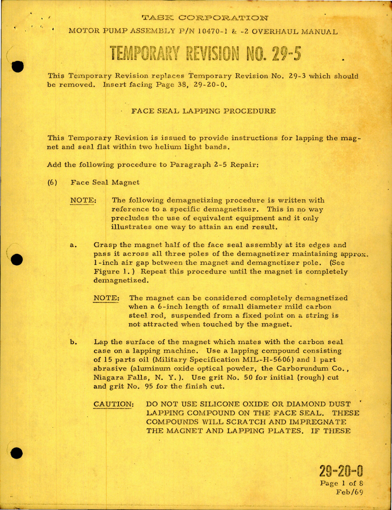 Sample page 1 from AirCorps Library document: Overhaul Manual for Motor Pump Assembly - Face Seal Lapping Procedure - Revision No. 29-5 