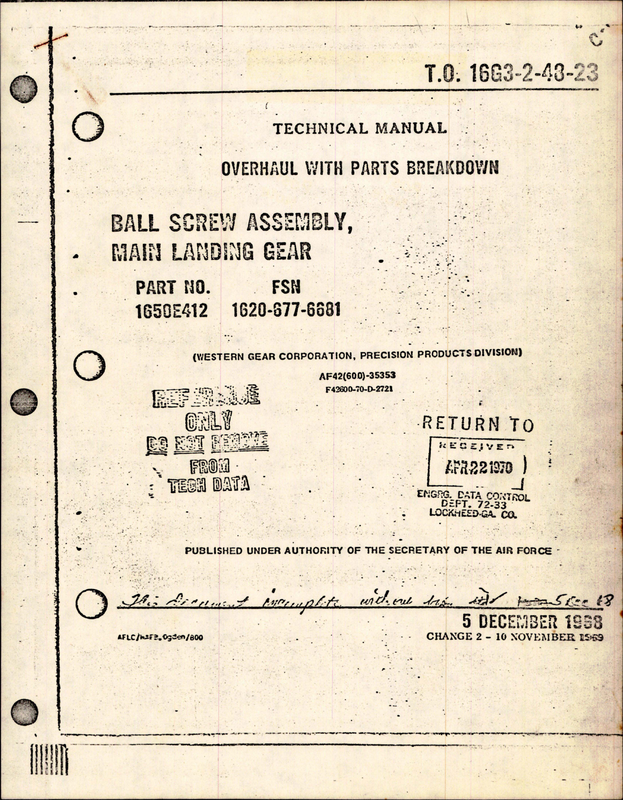 Sample page 1 from AirCorps Library document: Overhaul with Parts Breakdown for Main Landing Gear Ball Screw Assembly - Part 1650E412 - Change No. 2 
