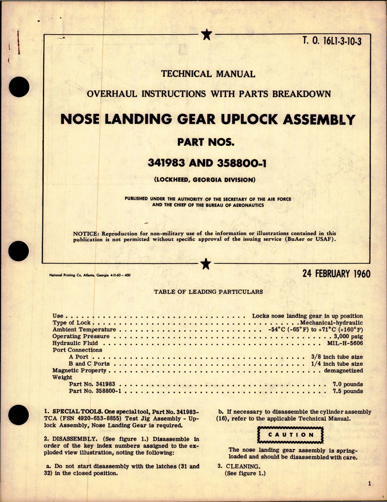 Sample page 1 from AirCorps Library document: Overhaul Instructions with Parts for Nose Landing Gear Uplock Assembly - Parts 341983 and 358800-1
