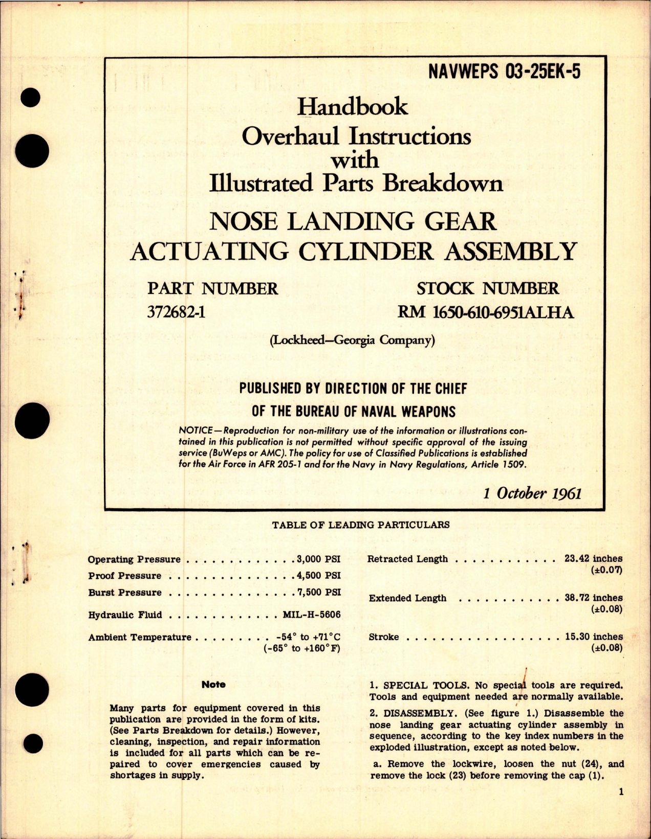 Sample page 1 from AirCorps Library document: Overhaul Instructions with Illustrated Parts for Nose Landing Gear Actuating Cylinder Assembly - Part 372682-1