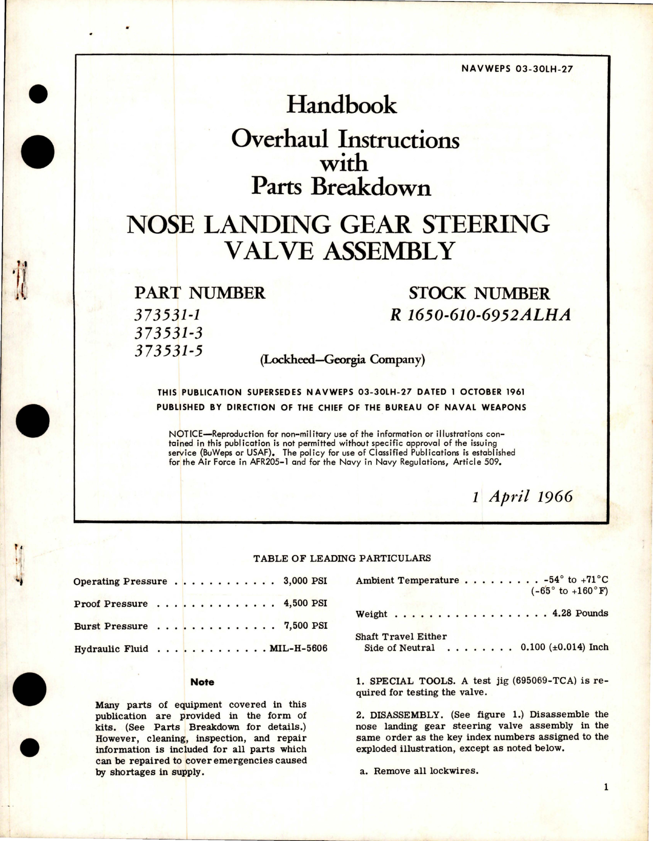 Sample page 1 from AirCorps Library document: Overhaul Instructions with Parts Breakdown for Nose Landing Gear Steering Valve Assembly 