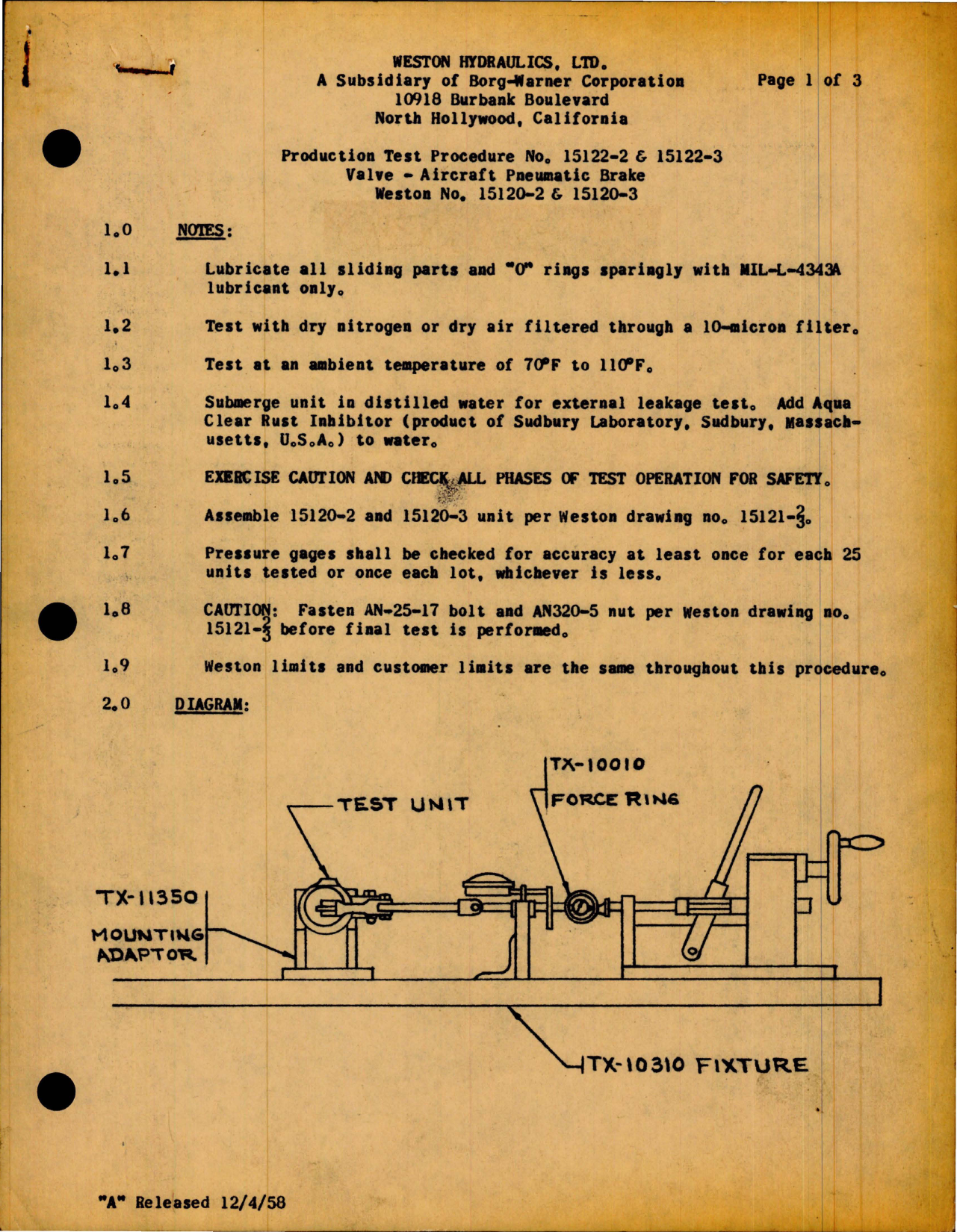 Sample page 1 from AirCorps Library document: Production Test Procedure for Pneumatic Brake Valve - Parts 15122-2 and 15122-3 