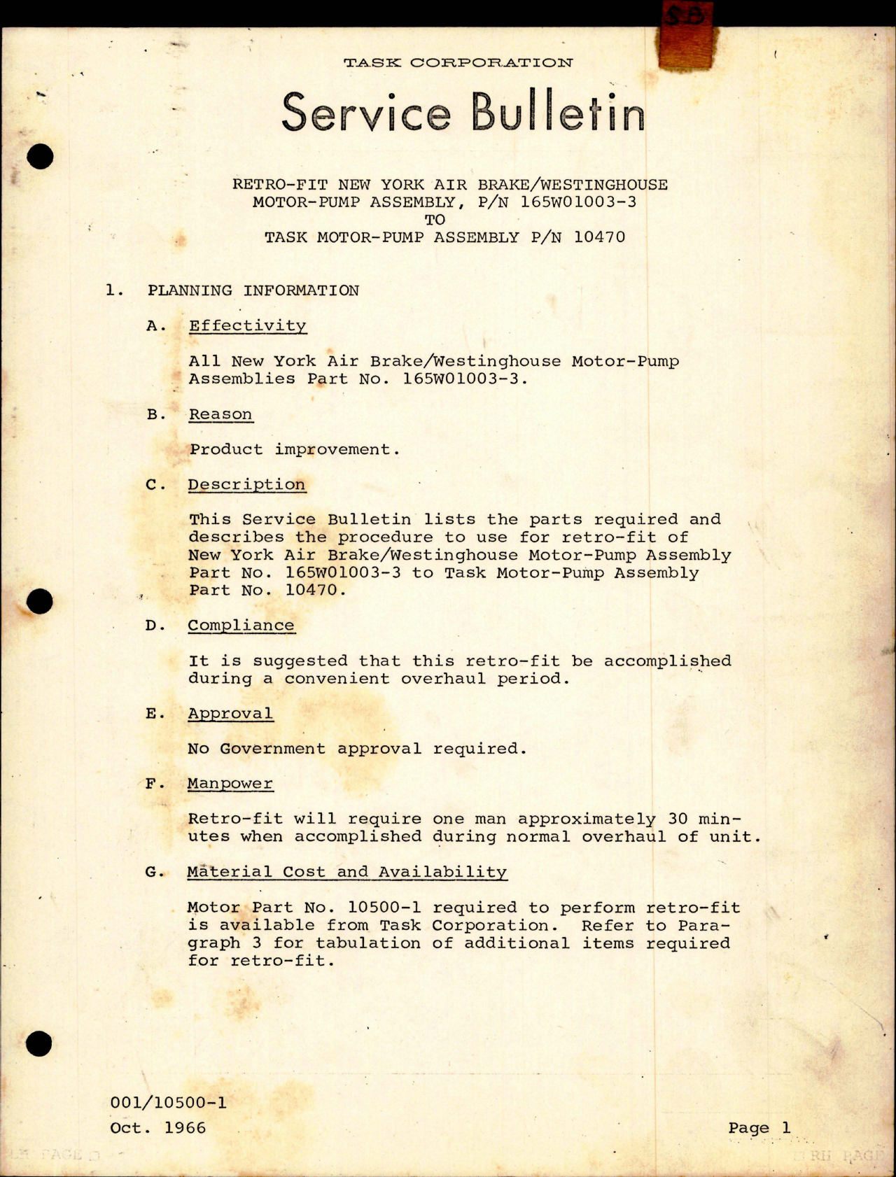 Sample page 1 from AirCorps Library document: Retro Fit New York Air Brake Motor Pump - Part 165W01003-3 to Task Motor Pump - Part 10470