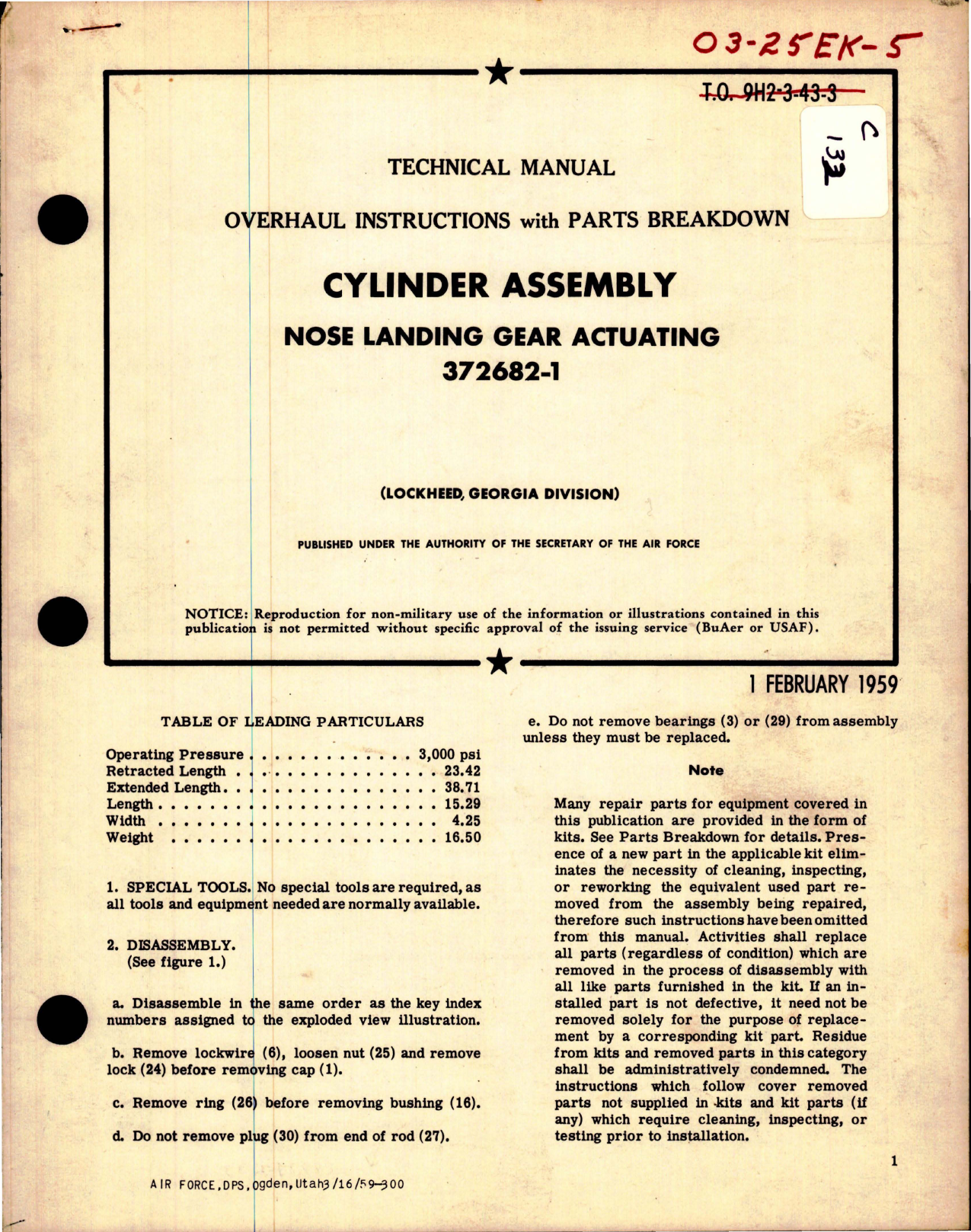 Sample page 1 from AirCorps Library document: Overhaul Instructions with Parts for Cylinder Assembly Actuating Nose Landing Gear  - 372682-1