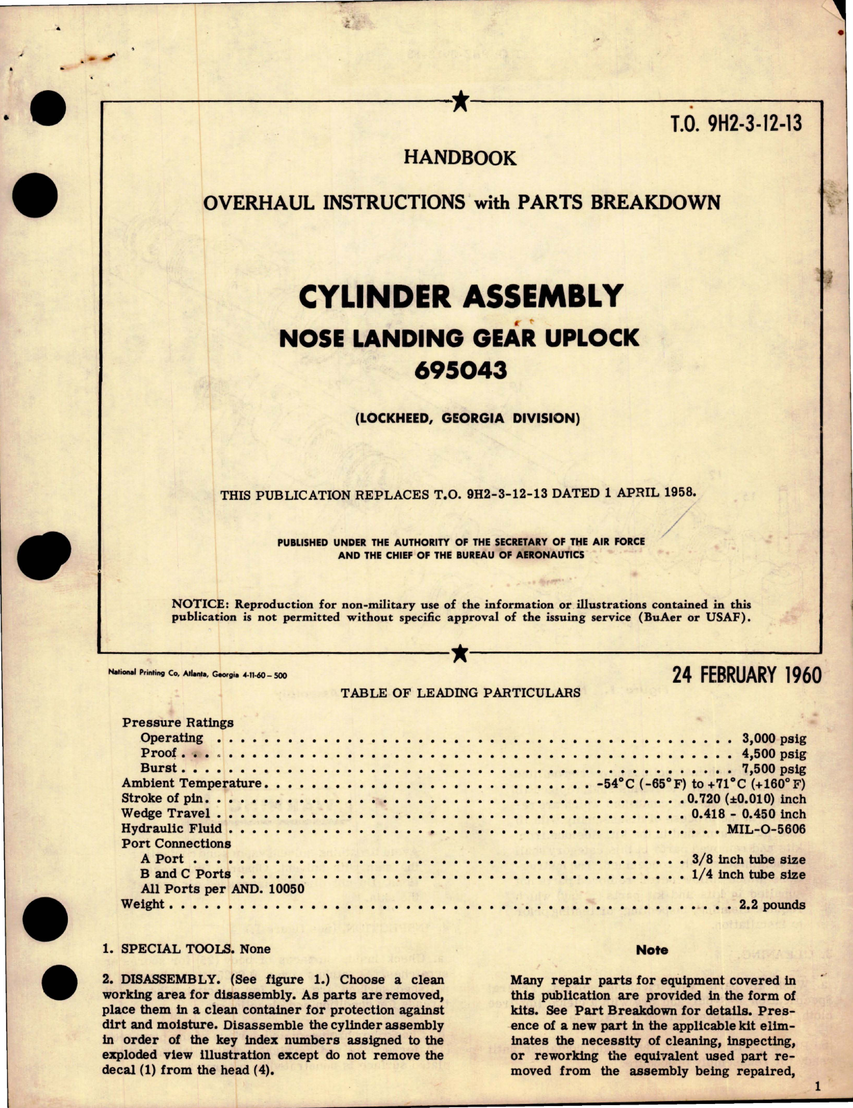 Sample page 1 from AirCorps Library document: Overhaul Instructions with Parts for Cylinder Assembly Nose Landing Gear Uplock - 695043 