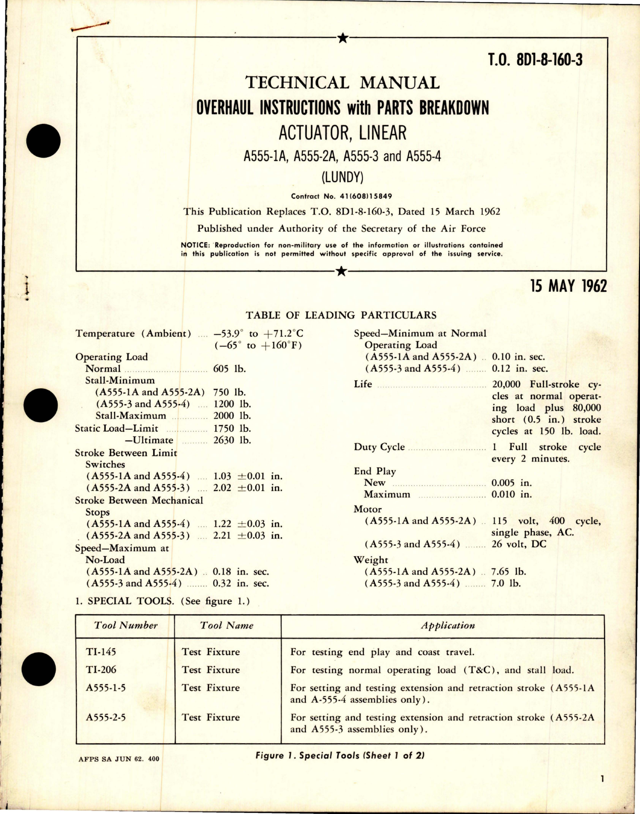 Sample page 1 from AirCorps Library document: Overhaul Instructions with Parts for Linear Actuator - Parts A555-1A, A555-2A, A555-3 and A555-4