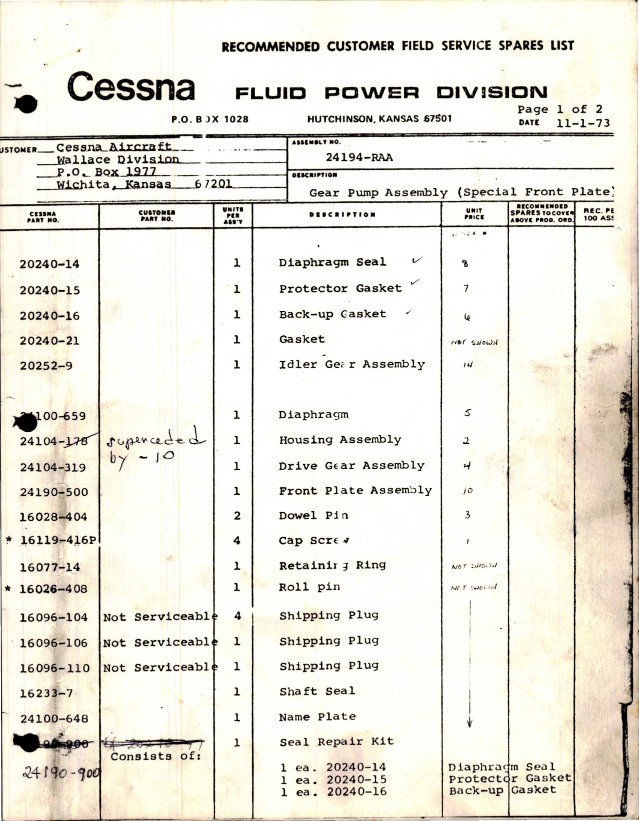 Sample page 1 from AirCorps Library document: Service Spares List for Gear Pump Assembly Special Front Plate - 24194-RAA 