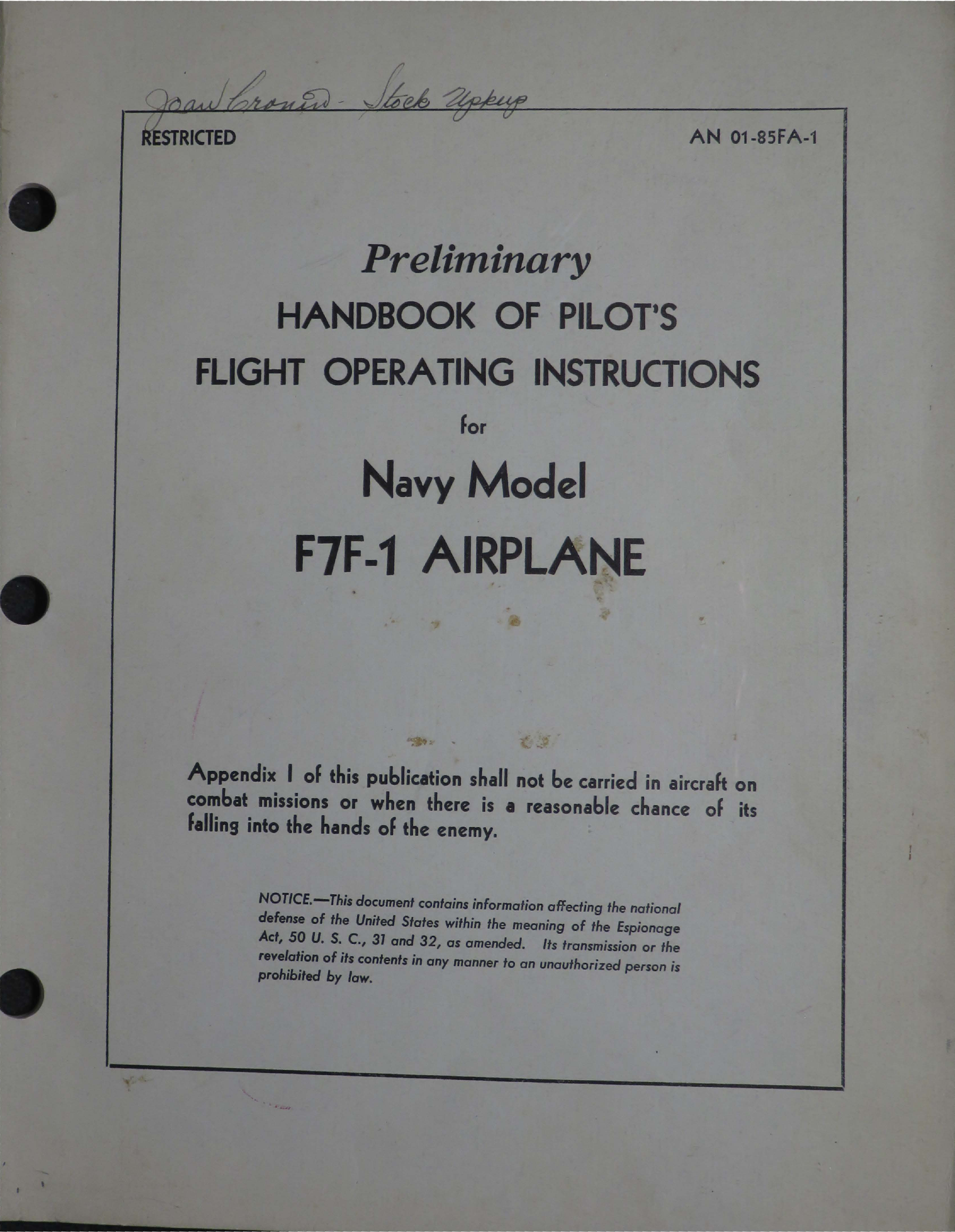 Sample page 1 from AirCorps Library document: Handbook of Pilots Flight Operating Instructions for F7F-1