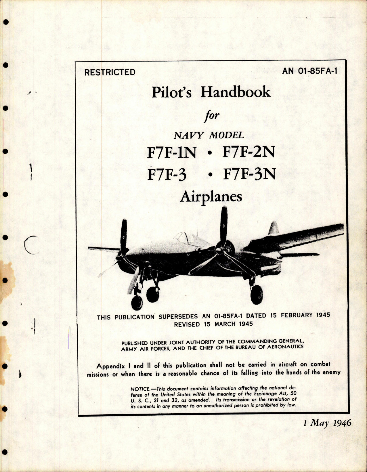 Sample page 1 from AirCorps Library document: Pilot's Handbook for F7F-1N, F7F-2N, F7F-3, and F7F-3N