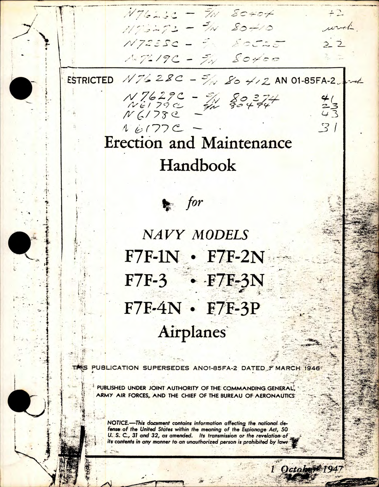 Sample page 1 from AirCorps Library document: Erection and Maintenance for F7F-1N, F7F-2N, F7F-3, F7F-3N, F7F-4N, and F7F-3P
